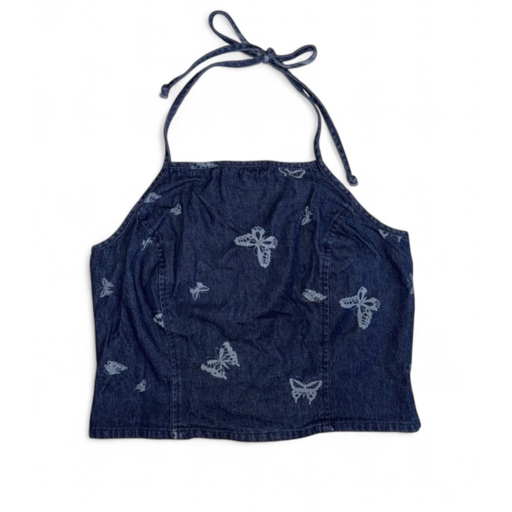 Vtg Just For Wraps Denim Butterfly Halter Crop Top Womens Large Y2K Blue Jean